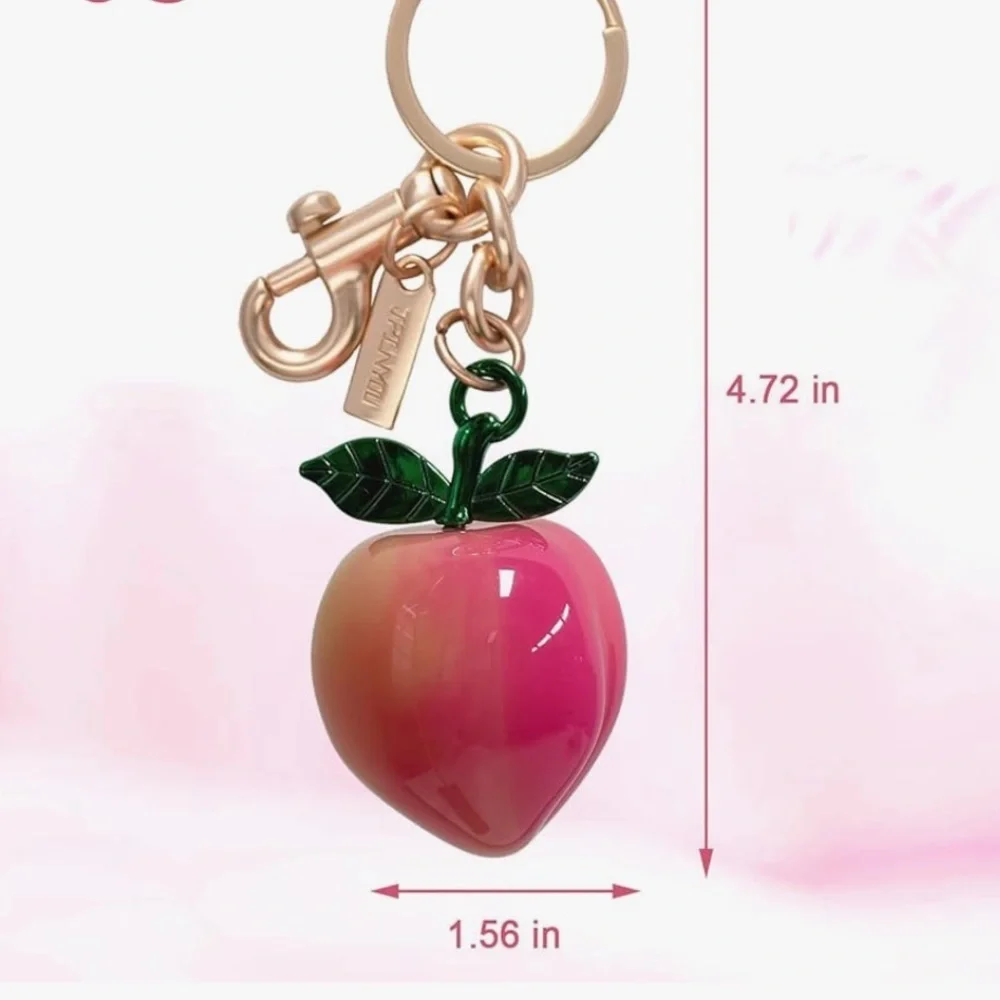 Peach purse bag charm clip Keychain, Green Leaves, gold hardware